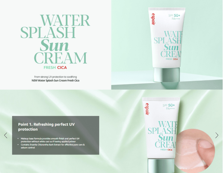 [espoir] Water Splash Sun Cream Fresh CICA 60mL SPF50+ PA++++ - Palace Beauty