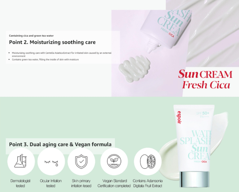 [espoir] Water Splash Sun Cream Fresh CICA 60mL SPF50+ PA++++ - Palace Beauty
