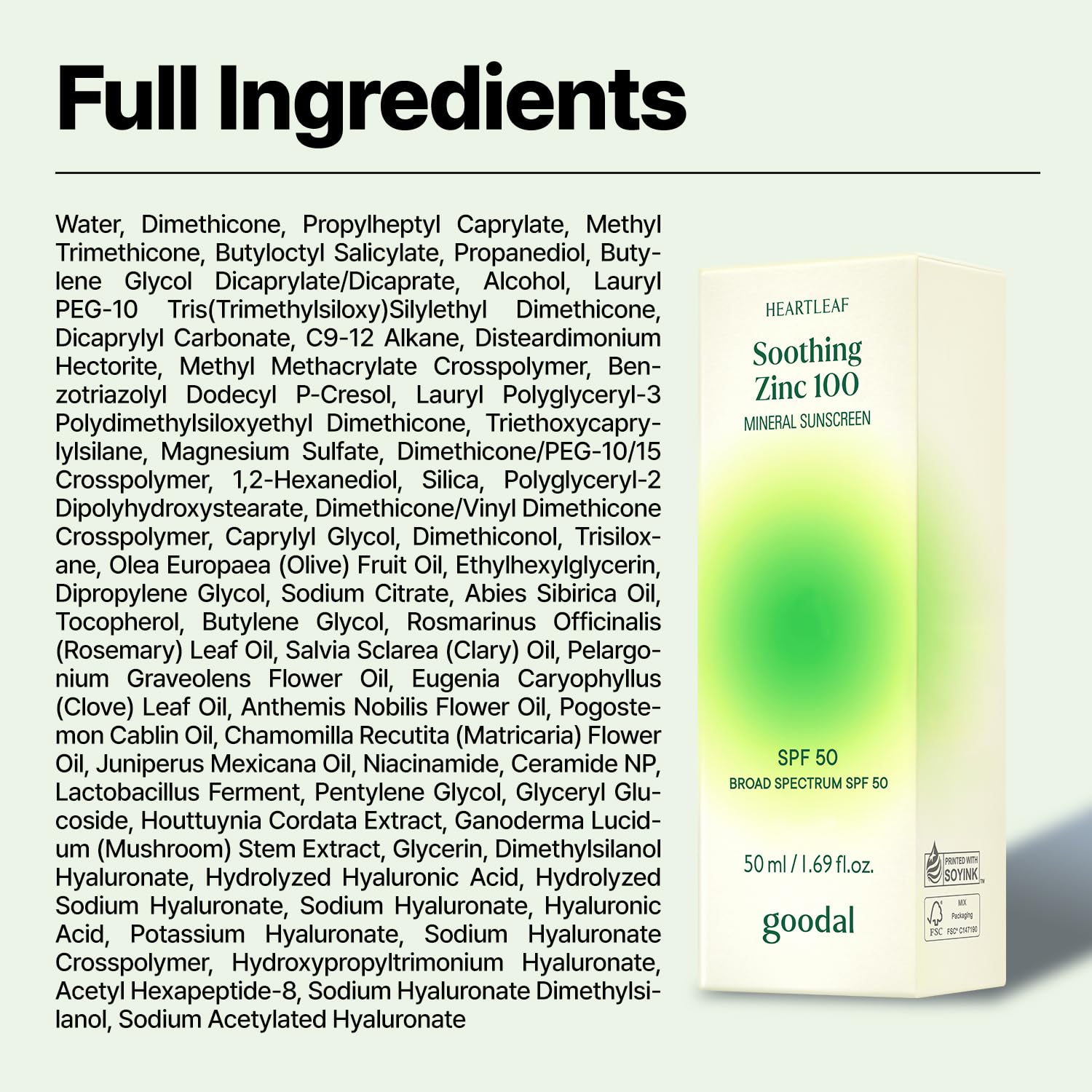[goodal] Heartleaf Soothing Zinc 100 Mineral Sunscreen SPF50 Broad Spectrum 50ml - Palace Beauty